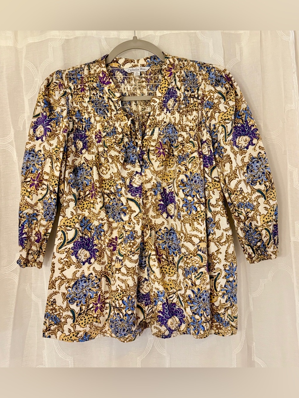 Ophelia Roe Small Boho Paisley Floral Blouse Blue Gold